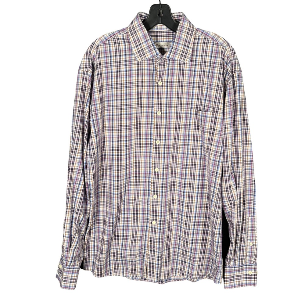 Peter Millar Mens Large Tall LT Plaid Button Down Shirt Purple Blue Cotton